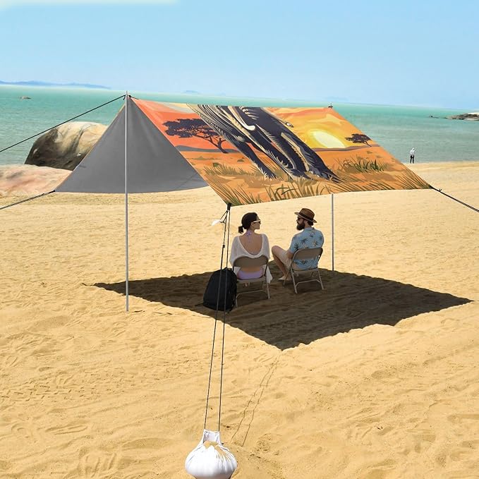 ALAZA African Elephant Sunset Beach Tent Sun Shelter UPF50+ Protection Beach Shade Canopy w/ 4 Sandbags for Outdoor Camping Fishing Backyard Fun Picnic 10x9 ft