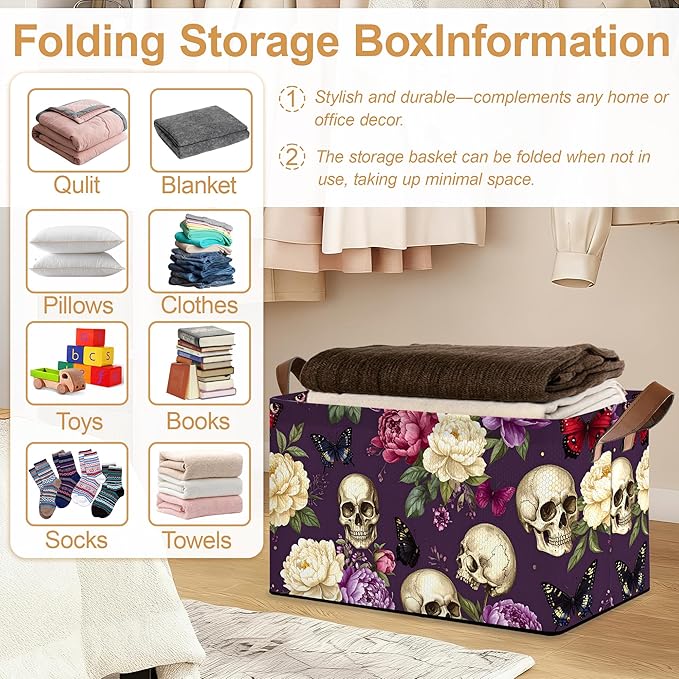 Purple Flower Skeleton Storage Bins with Handles Collapsible Storage for Clothes Gift Basket Blankets &amp Closet Organization