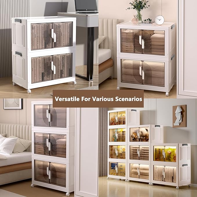 Kozyard Foldable Storage Bins with Lids Stackable Storage Bins with Doors and Wheels Magnetic Dual-Opening Doors Storage Containers for Bedroom Living Room Closet Laundry (White-3Pack)