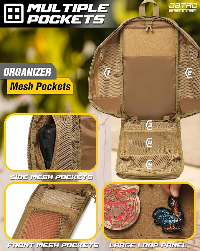 DBTAC Compact 9L Tactical Sling Bag with Removable Elastic Organizer Panel Everyday Carry Shoulder Pack for EDC Tools First Aid Travel Outdoor Sports (Brown)
