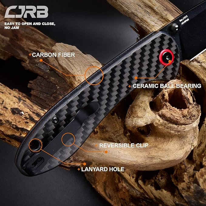 CJRB CUTLERY Folding Knife Feldspar(J1912) AR-RPM9 Powder Steel Black PVD Blade Carbon fiber Handle Pocket Knife EDC Knife Carbon Fiber Handle