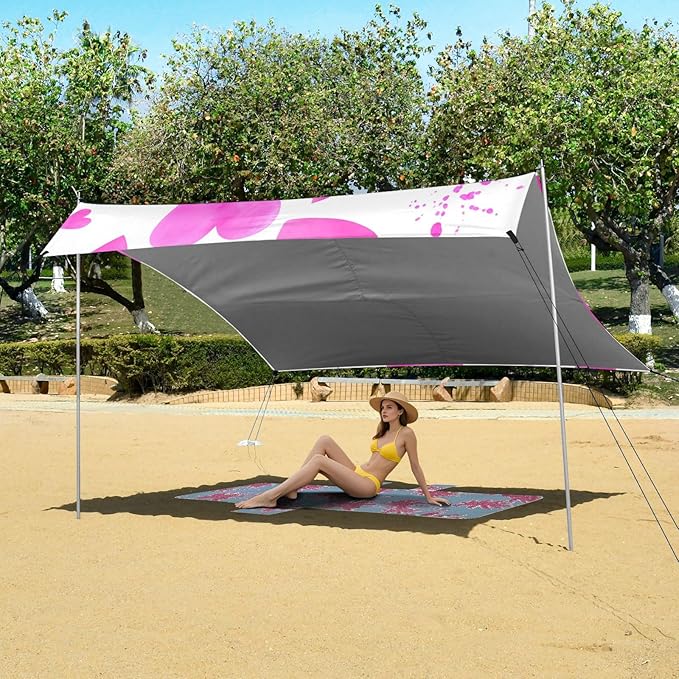 Beach Canopy with Windproof Ropes &amp Sandbags Beach Tent Sun Shade Sun Shelter for Camping Trips Fishing Backyard Fun or Picnics Heart