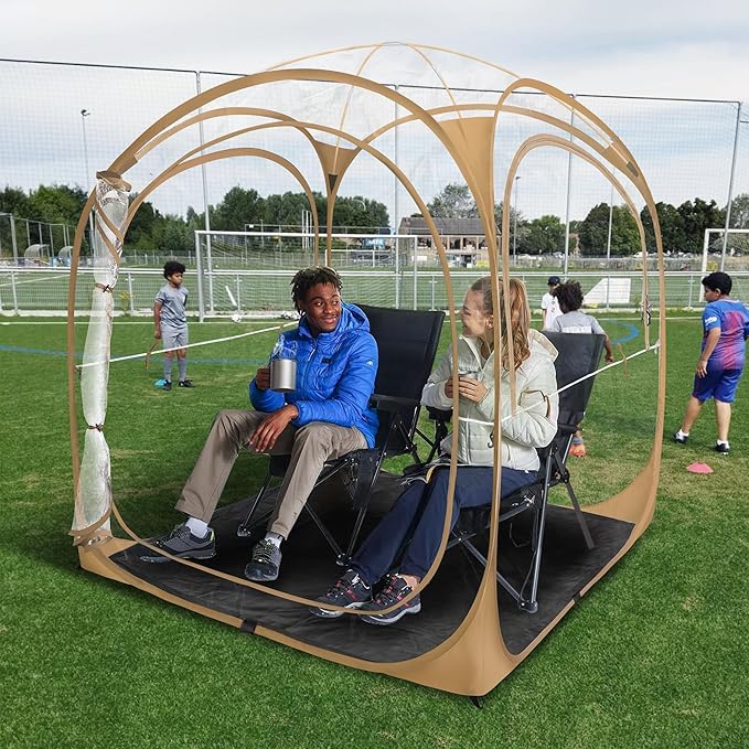 Baobrava Pop Up Sports Tent - Thick PVC Scratch-Resistant Bubble Clear Tent Instant Weather Proof Pod with Extra Top Cover for Soccer Football Games Outdoor Events 1-2 Person