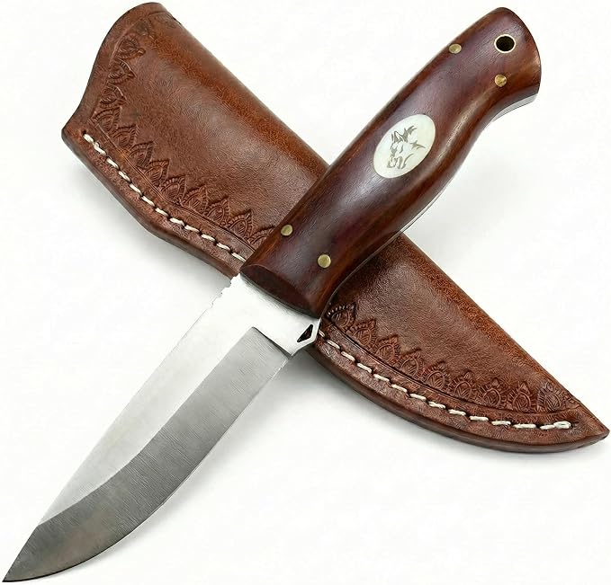 3.54 inches Bowie Knife Full-tang D2 Steel Fixed Blade Rosewood Handle Hunting Knife with Leather for Camping Hiking Survival
