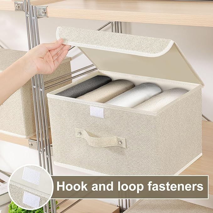 Fabric Storage Bins Cube Organizers with Flip-Top Lid and HandlesStorage Boxes for Organizing HomeOfficeand ClosetGrey and Beige3 Pack 13 X 9.1 X 7.9 in