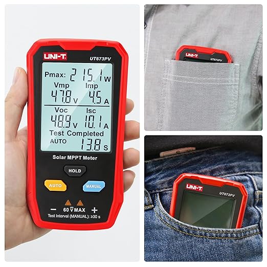 UNI-T UT673PV Solar Panel Tester Solar MPPT Meter 800W Photovoltaic Module Maximum Power Tester Intelligent Manual/Auto MPPT Test Large LCD and Multiple Result Displays