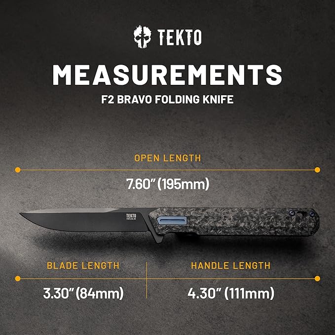 TEKTO F2 Bravo Folding Pocket Knife - D2 Steel Blade Ceramic Ball Bearings - EDC - Snap Swift Flip for Camping Backpacking - 2.4oz (68g) G10 Forged Carbon Handle Blue Titanium Accents