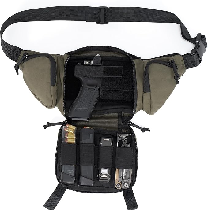 CCW Tactical Fanny Pack for Concealed Carry 500D Nylon Low Profile EDC Waist Bag with Pistol Holster &amp YKK Zippers Everyday Carry Hip Pack (Range Green)