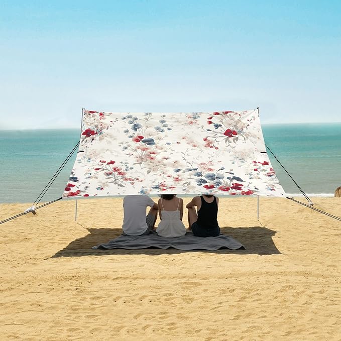 Sweet Pea Flowers Beach Tent Sun Shelter Set UPF50+ UV Protection 10.5 x 9.19 FT Camping Shade Canopy with Sandbags Sand Anchors Carrying Bag and Others