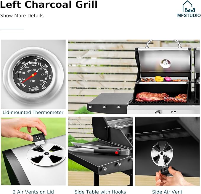 MFSTUDIO 3 In 1 Gas and Charcoal Grill Combo with Side Burner Porcelain-Enameled Cast Iron Grate Extra Large Dual-Function BBQ Propane Grills for Outdoor Barbecue Cooking 690 SQIN Cooking Area
