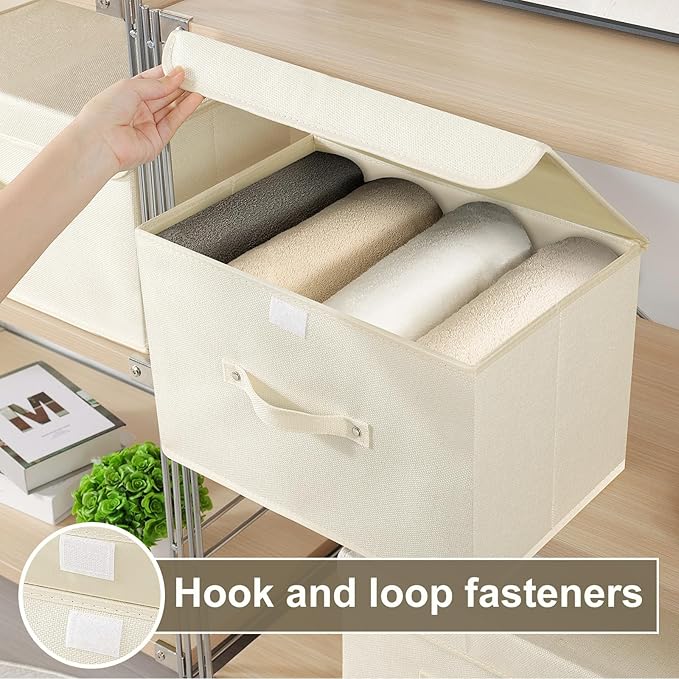Fabric Storage Bins Cube Organizers with Flip-Top Lid and HandlesStorage Boxes for Organizing HomeOfficeand ClosetBeige3 Pack 15 x 9.8 x 9.8 in