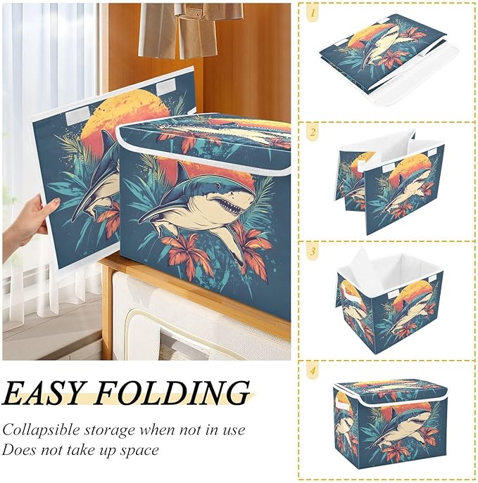 Tropical Fish Floral Storage Cube Bins Basket with Lid Collapsible Flip-top Fabric with Handle for Home Bedroom Closet Office 16.5×12.6×11.8 in