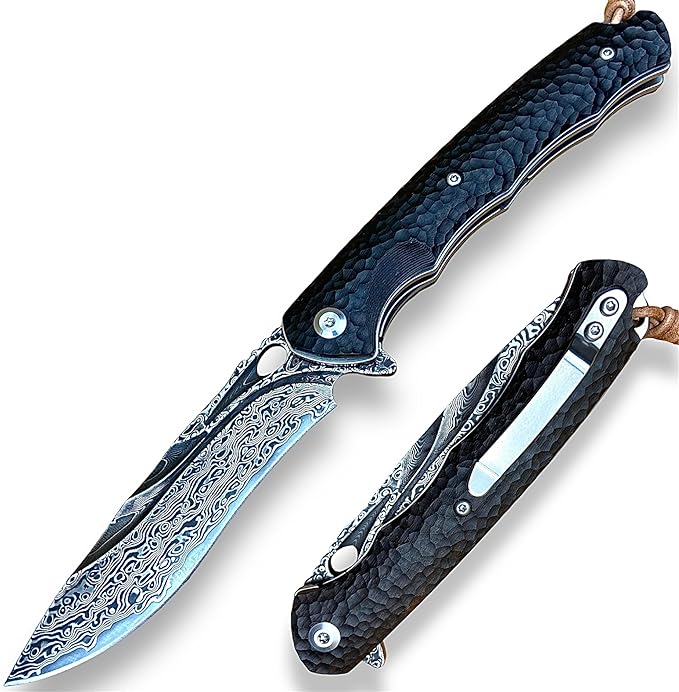TACTICAL GEARZ Damascus Steel Pocket Knife for EDC Ebony (Black) Wood Handle Multi-Layered Damascus Steel Blade (Krato XT)