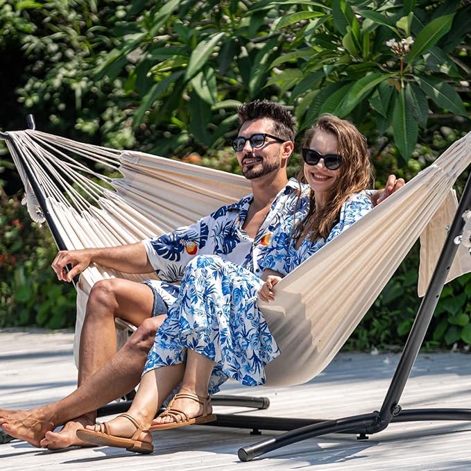 Lazy Daze Hammocks Double Hammock with 9ft Space-Saving Steel Stand Includes Portable Carrying Case 450 Pounds Capacity (Natural)
