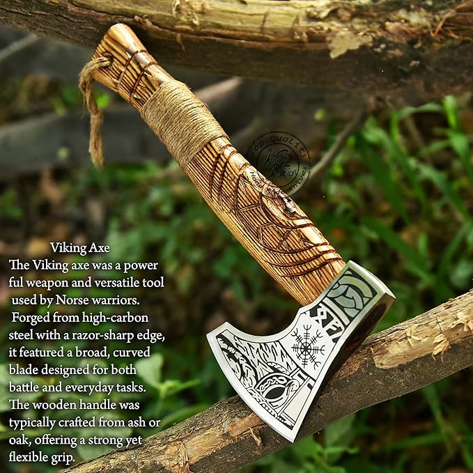 Hand-Forged Viking Axe Nordic Engraved Blade with Wooden Handle Unique Gift for Men Collectors Great Gift for Birthdays Holidays or Weddings (AXE-05)