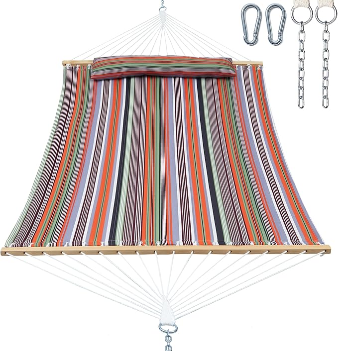 GAFETE Hammock 2 Person Quilted Fabric Hammocks for Outside Double 12ft Hammocks with Spreader Bar Large Removable Pillow Storage Bag Carabiners Max 475 lbs Capacity (Sunset Red Stripe)