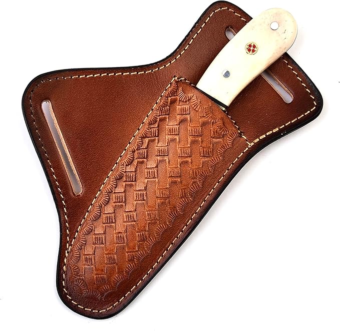 Handmade Damascus Steel Bull Cutter with Pancake Leather Sheath Fixed Blade Cowboy Knife with Bone/Walnut Handle Utility EDC Hunting Knife (Camel Bone)