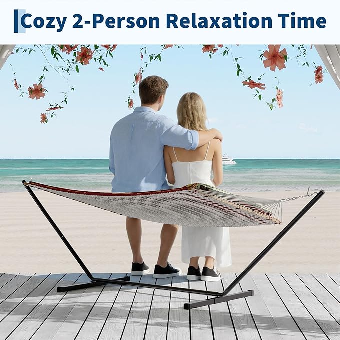 2 Person 12FT Hammocks for Outside Double Quilted Fabric Outdoor Hammock with Spreader Bar Large Removable Pillow Storage Pockets Carabiners Max 450 Lbs Capacity