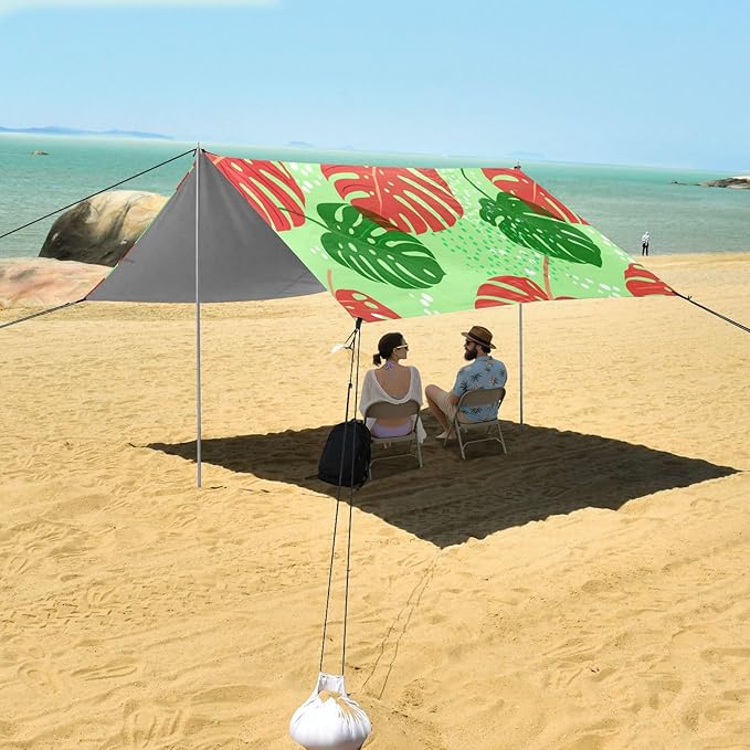 xigua Leaf Beach Tent Sun Shelter with Carrying Bag - Silver Coated Oxford Fabric Beach Canopy for Beach Camping Fishing - Includes Windproof Ropes Sandbags &amp Stakes