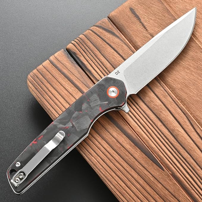 FF19 Folding Pocket KnifeD2 Steel Blade Carbon Fiber Handle EDC Tool Knife for Outdoor Camping Hunting Fishing Working(Red)