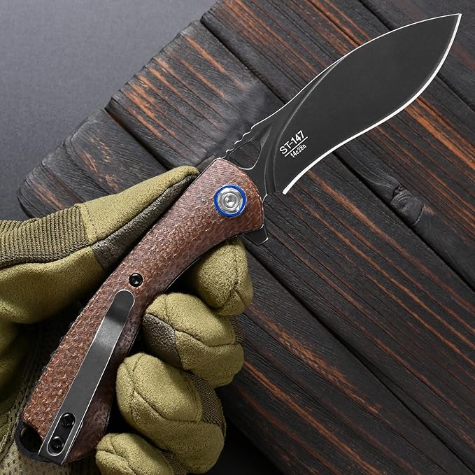 Sitivien ST147 Folding Pocket KnifeBlack Stonewashed 14C28N Steel Blade with Micarta Handle Utility Knife EDC Tool Knife for Outdoor CampingHikingHunting(Brown)