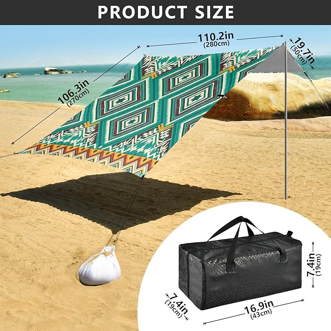 Beach Canopy with Windproof Ropes &amp Sandbags Beach Tent Sun Shade Sun Shelter for Camping Trips Fishing Backyard Fun or Picnics Boho Tribal Aztec