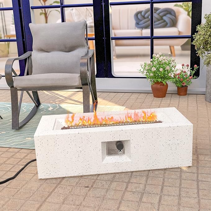 HOMPUS Outdoor Propane Fire Pit 44-inch x 17-inch Rectangle White Terrazzo Concrete Fire Table with Lava Rocks and Rain Cover 50000 BTU Gas Fire Pit for Patio Deck or Backyard