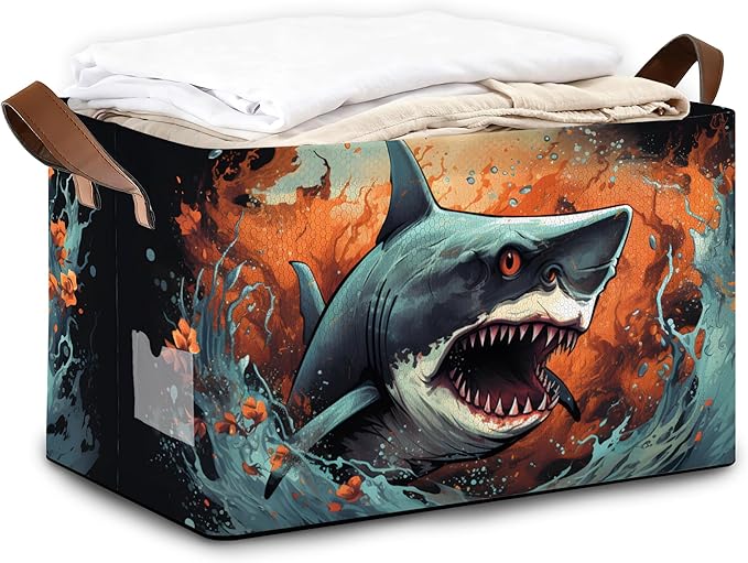 Ocean Shark Storage Bins with Handles Collapsible Storage for Clothes Gift Basket Blankets &amp Closet Organization