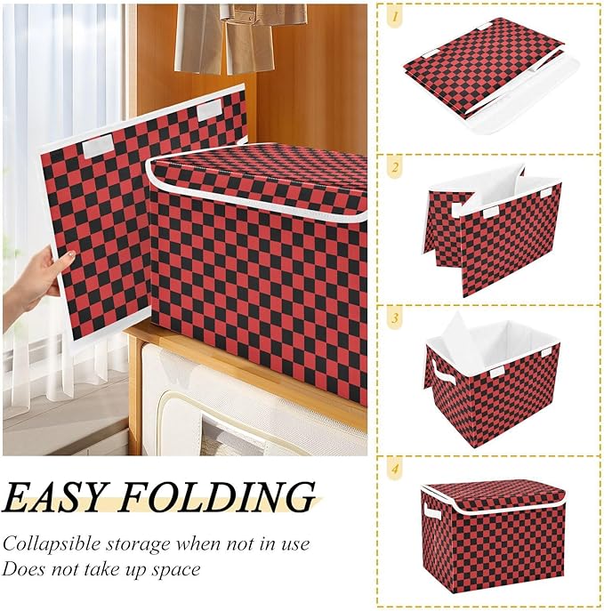Red Black Checkerboard Storage Baskets Lidded Bin Foldable Storage Boxes Cubes Lids with 2 Handles for Organizing Closet Home Office