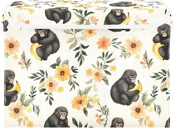 Gorilla Floral Storage Cube Bins Basket with Lid Collapsible Flip-top Fabric with Handle for Home Bedroom Closet Office 16.5×12.6×11.8 in