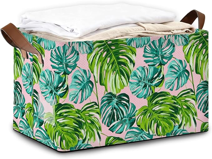 Storage Bin with Handles Palm leaves Collapsible Laundry Baskets for Books Laundry - Use in Nursery Closet Organizers and Storage Blanket Basket