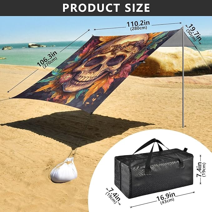 ALAZA Pirate Skull with Leaves Beach Tent Sun Shelter Portable Canopy Sunshade for Outdoor Camping Picnics Backyard Fun 10x9 ft