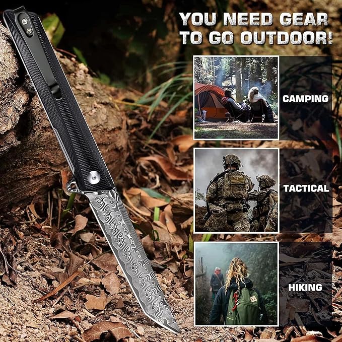 REMETTE Damascus Pocket Knife GD22K Flipper Open Tanto Blade Damascus Steel Folding Pocket Knives with Pocket Clip G10 Handle Men Women Sharp EDC Pocket Knife Camping Hiking Gift