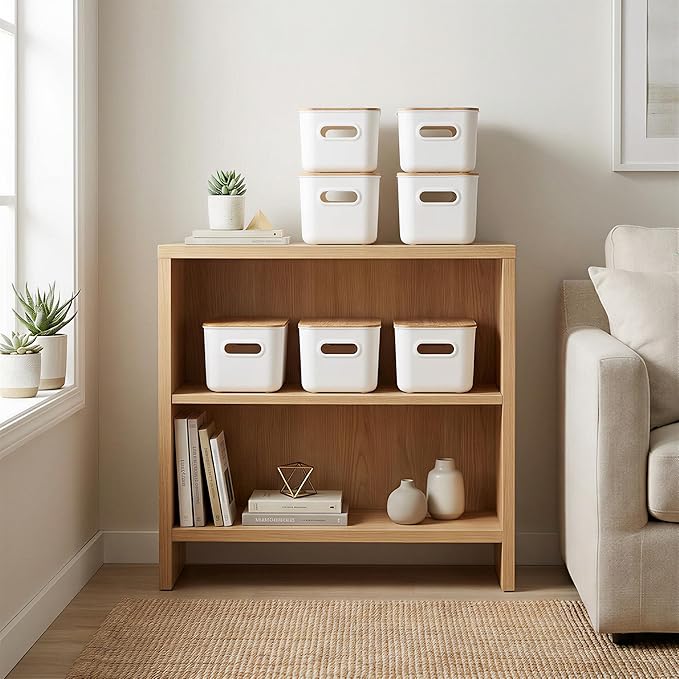 Citylife Storage Bins with Bamboo Lids 7QT Plastic Storage Containers Stackable Organizer Boxes with Handle for Desk Snacks Toys 2 PCS 10 L x 7 W x 5.8 H
