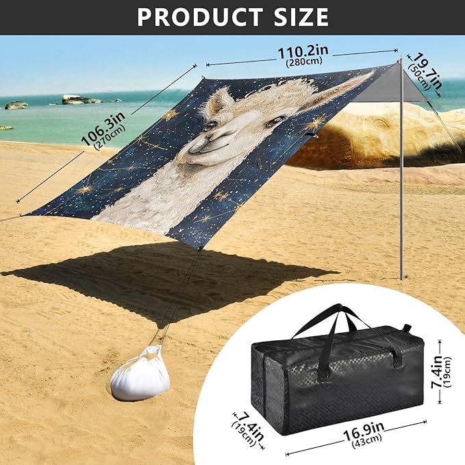ALAZA Curly Hair Llama on Star Constellation Beach Tent Sun Shelter Portable Canopy Sunshade for Outdoor Camping Picnics Backyard Fun 10x9 ft