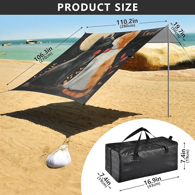 ALAZA Cat Valentine Beach Tent Sun Shelter UPF50+ Protection Beach Shade Canopy w/ 4 Sandbags for Outdoor Camping Fishing Backyard Fun Picnic 10x9 ft