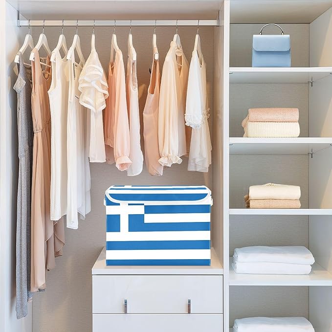 Greece Flag Greek National Blue Storage Bins with Lid Foldable Organization Storage Organizer Bins with Lids for Dorm