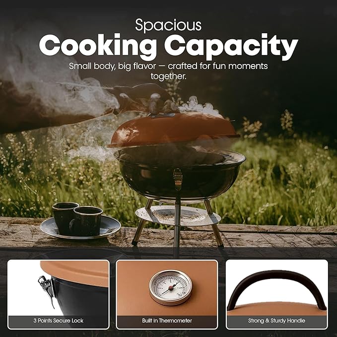 GasOne – 14-inch Portable Barbecue Grill with Thermometer - 3-Point Locking Lid for Heat Preservation – Dual Venting System – Small Charcoal Grill for Backyard Camping Boat