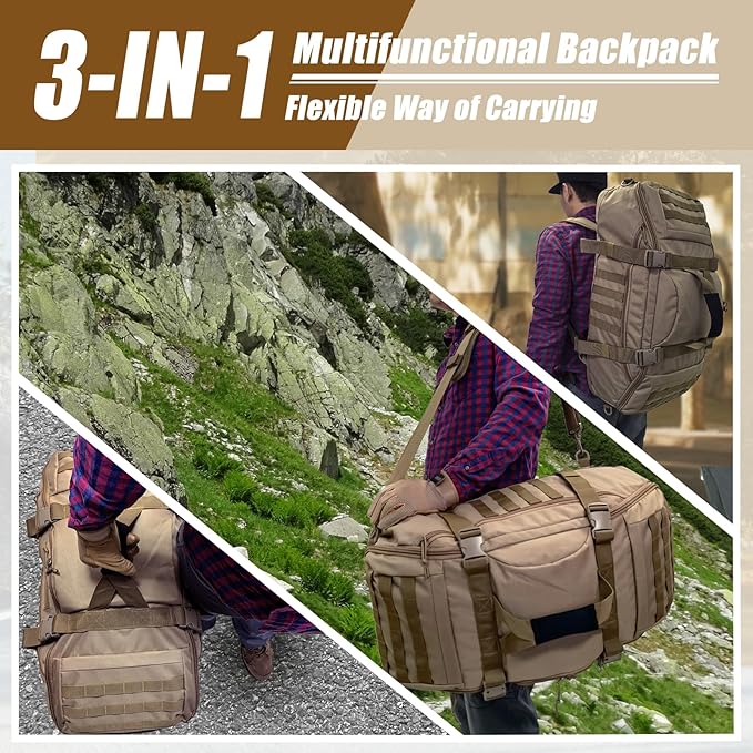 55L Large Travel Gym Duffle Bag Military Tactical Backpack Army Pack 3 Day Bug Out Bag Rucksack for Outdoor Sport Hiking Camping with Molle System Coyote