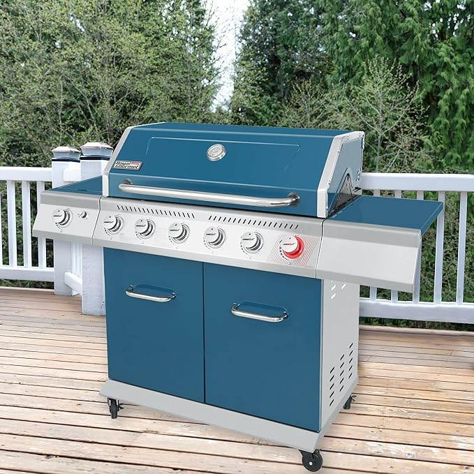 Royal Gourmet GA6402B 6 Burner Propane Gas Grill with Side Burner and Warming Rack 74000 BTUs Cabinet Style Gas BBQ Grill for Barbecue Grilling &amp Backyard Cooking Blue