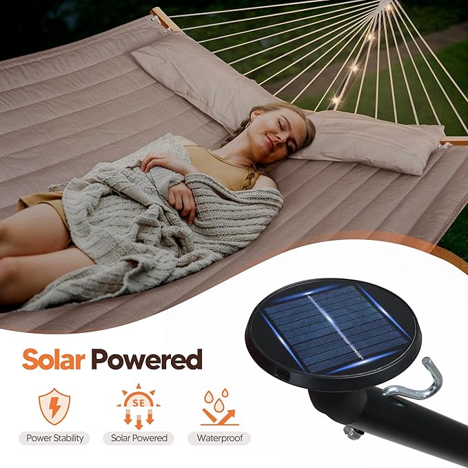 SUNCREAT Hammocks Outdoor 2 Person Hammock with Solar Powered Lights Double Hammock with 12 ft Stand Included Tan