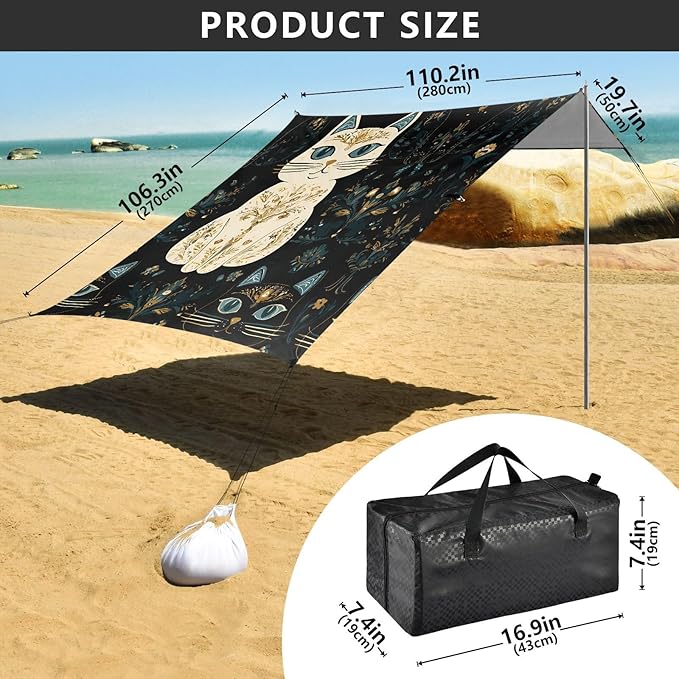 ALAZA Dousan Cat Pattern Beach Tent Sun Shelter Portable Canopy Sunshade for Outdoor Camping Picnics Backyard Fun 10x9 ft