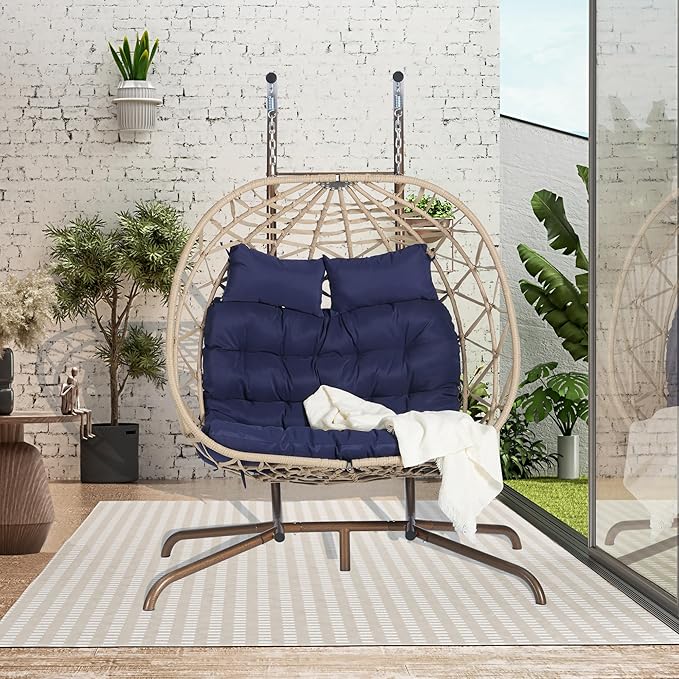 KEIKI Double Swing Egg Chair with Stand Patio Rattan Wicker Hammock Egg Chair with UV Cushion 2 Person Outdoor Indoor Hanging Basket Chair 600LBS Capacity for Balcony Dark Blue and Khaki