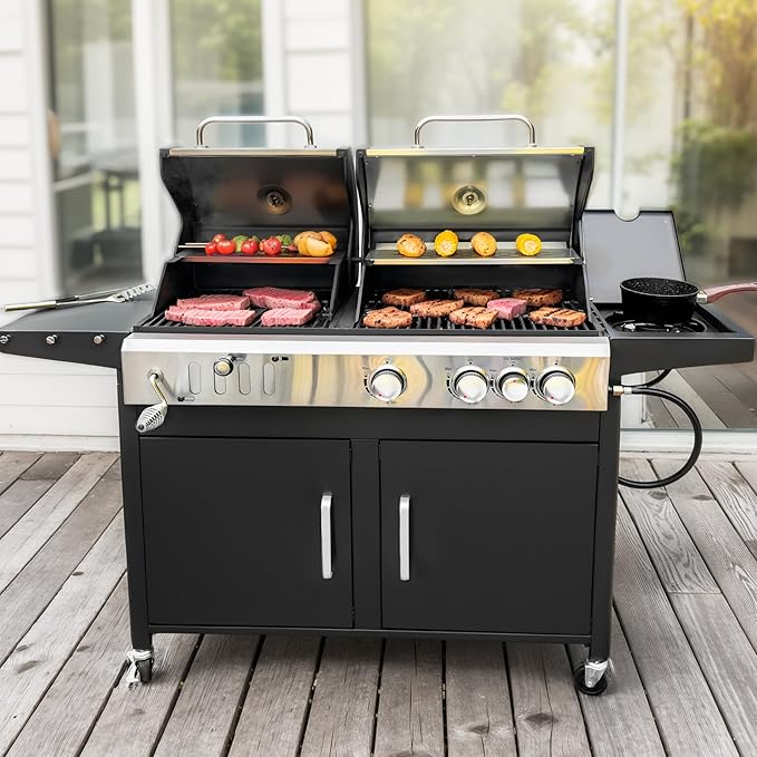 MFSTUDIO 3 In 1 Gas and Charcoal Grill Combo with Side Burner Porcelain-Enameled Cast Iron Grate Extra Large Dual-Function BBQ Propane Grills for Outdoor Barbecue Cooking 690 SQIN Cooking Area