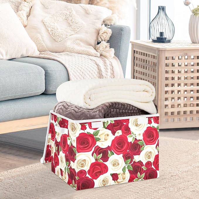Storage Box Rose Floral Closet Storage Bins with Lids Foldable Oxford Fabric Storage Box for Home Bedroom Closet Office (16.5x12.6x11.8 in)