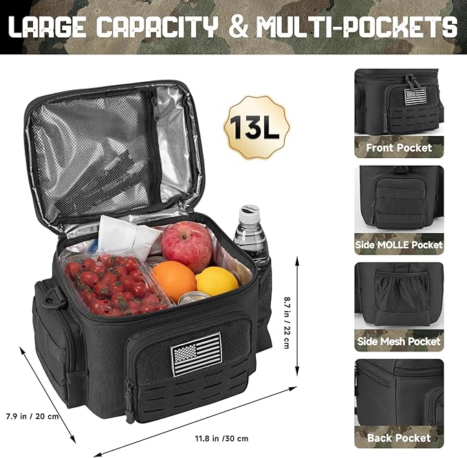 QT&ampQY Tactical Lunch Bag for mens Military heavy duty lunch box work Leakproof insulated Durable Thermal Cooler Bag for Adult Meal for Office Camping Picnic Pail MOLLE Webbing Black