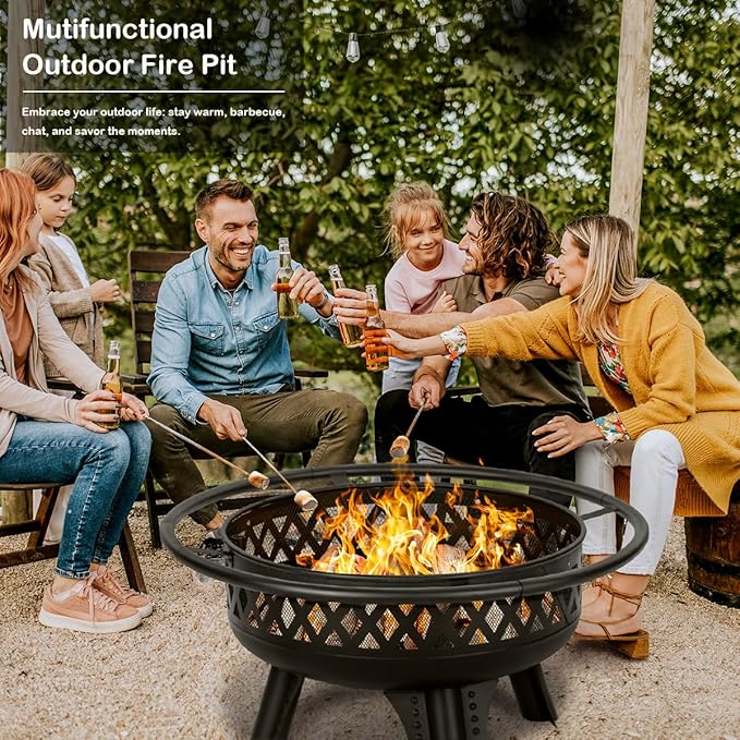 Panovue 32 Inch Outdoor Fire Pit with Grill Wood Burning Firepit for Outside with Lid/Fire Poker Metal Round Fire Pit Table for Patio Backyard Garden Bonfire Party