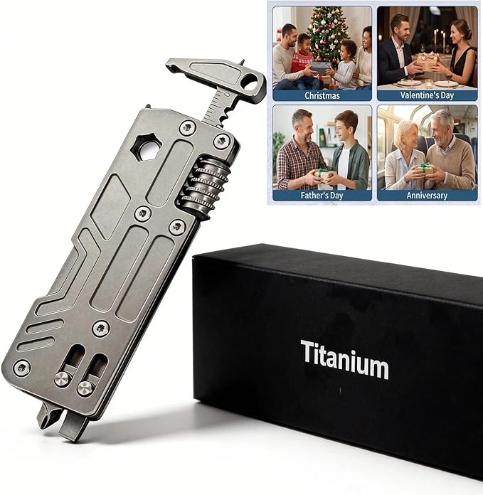 Titanium Pocket Wrench Multitool 0.1 lbs Lightweight EDC Keychain Tool with 15mm Adjustable Jaw 9-in-1 Functions — Auto Window Breaker and Screwdriver for Daily Carry
