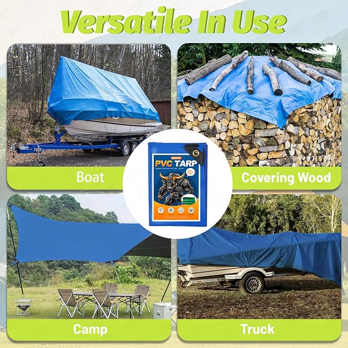 10x12 FT Blue Heavy Duty PVC Tarp 10.6 Mil Waterproof Cover with Reinforced Brass Grommets UV &amp Tear Resistant for Outdoor Camping Truck Boat Pool &amp Patio