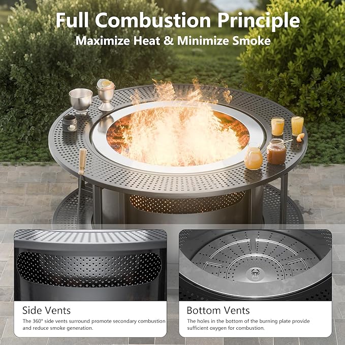 Kullavik 37 Inch Surround Tabletop with 25 Inch Outdoor Smokeless Fire PitStainless Steel Firepit with Weather Resistant CoverWood Burning Fire Pit for Outside